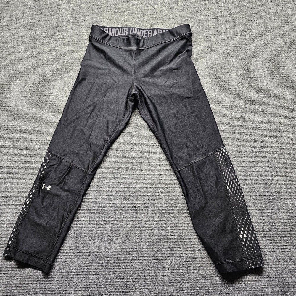Under Armour HeatGear Compression Leggings Black Silver Dot Capri Womens Medium
